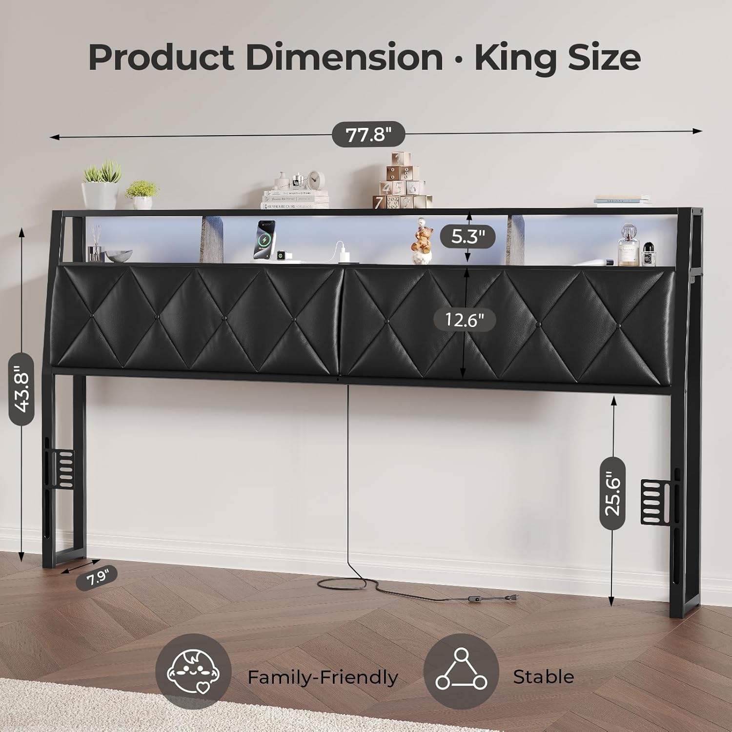 King Headboard Only, Headboard for King Size Bed with Storage, Upholstered Headboards with LED Lights & Charging Station, Attach Frame, Ideal for Bedroom/Dorm/Guest Room, Black, Faux Leather