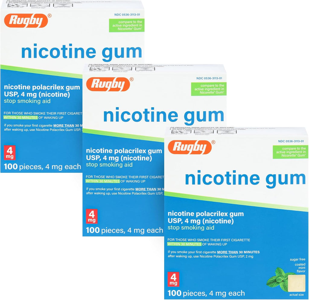 Rugby Polacrilex 4mg Nicotine Gum - Mint Flavor, Quit Smoking and Vaping Aid, Sugar-Free, 100 Count (3-Pack)