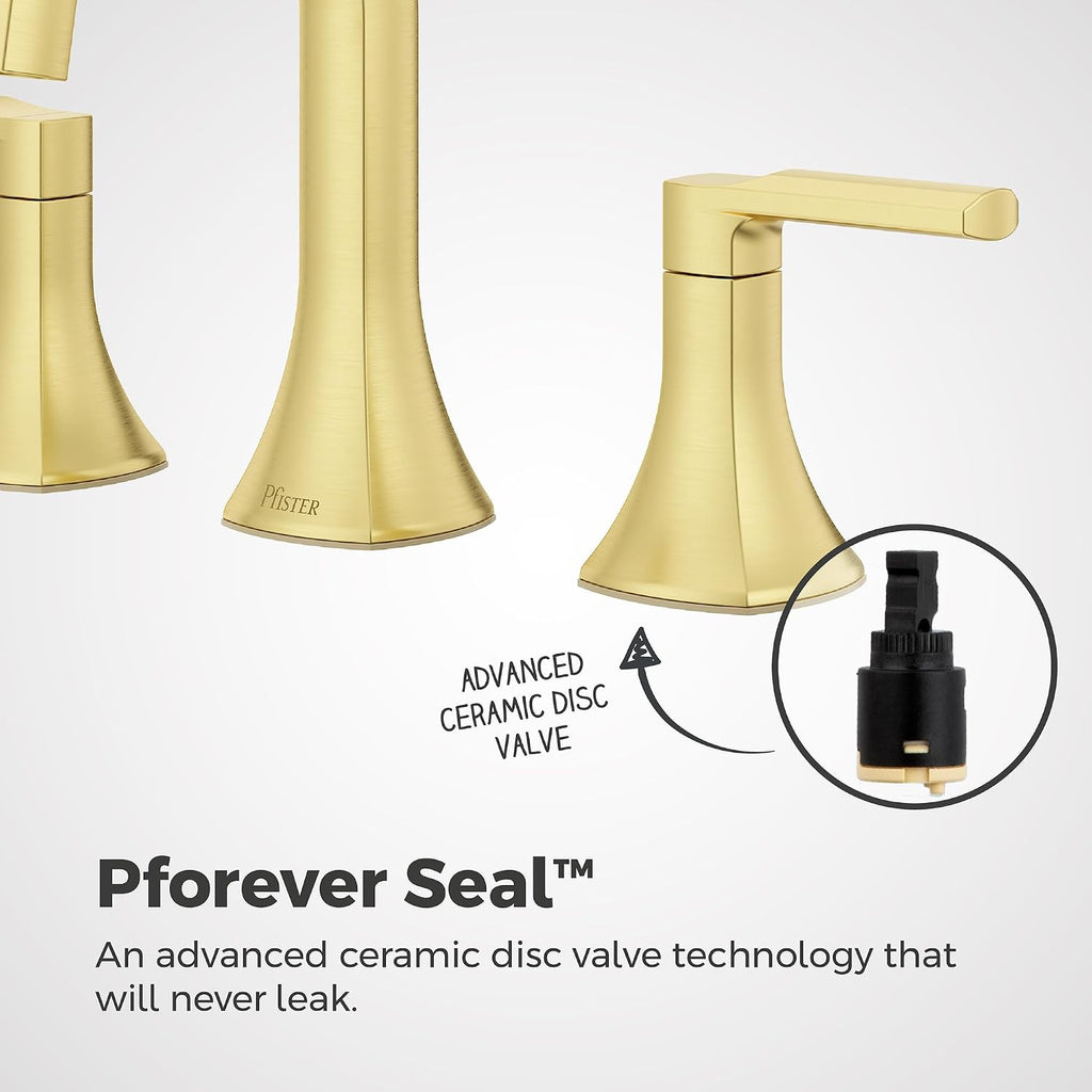 Pfister Vaneri 8 in Widespread Bathroom Sink Faucet 3 Hole 2 Handle Brushed Gold Vanity Faucet with Push & Seal Drain NSF Certified Water Efficient TiteSeal LF049VRIBG