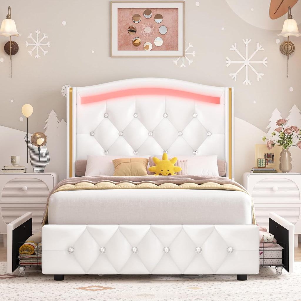 HIFIT Upholstered Twin LED Bed Frame with Crystal Button-Tufted Headboard & 4 Storage Drawer, Modern PU Princess Twin Size Platform Bed Frames for Kids/Girls, No Box Spring Needed/Easy Assembly, White