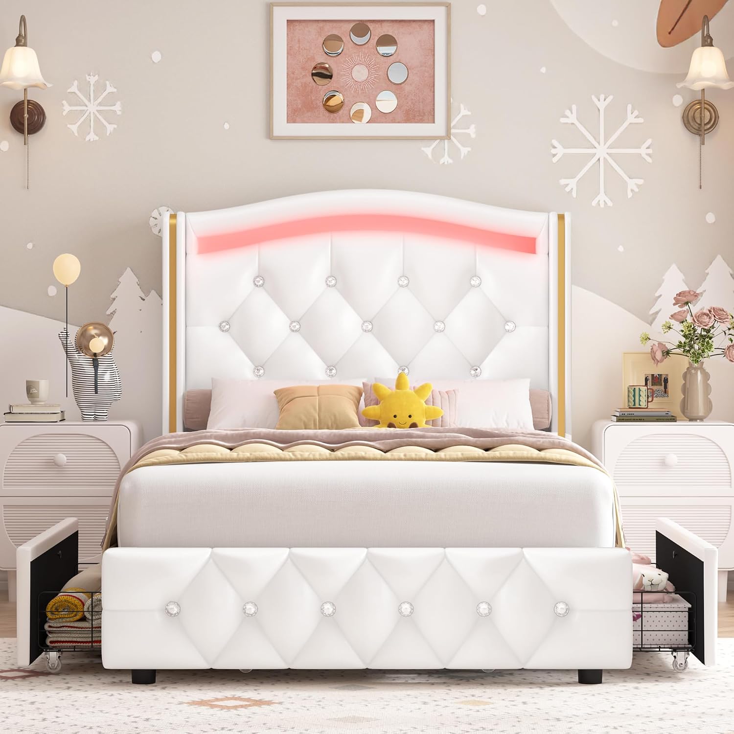 HIFIT Upholstered Twin LED Bed Frame with Crystal Button-Tufted Headboard & 4 Storage Drawer, Modern PU Princess Twin Size Platform Bed Frames for Kids/Girls, No Box Spring Needed/Easy Assembly, White