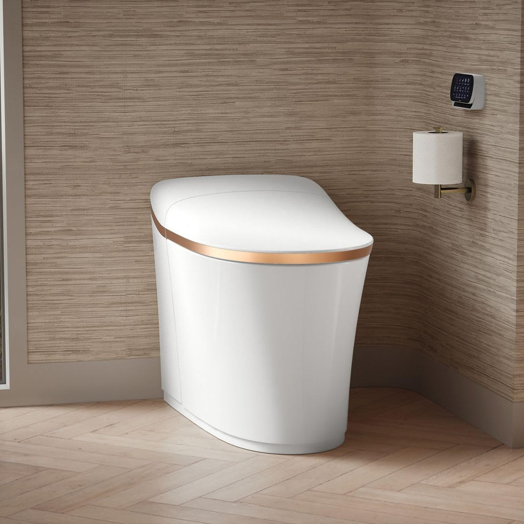 KOHLER K-77795-0SG Eir Comfort Height One-Piece Elongated, Dual-Flush, Smart Toilet with Bidet Built In, White with Sunrise Gold Trim