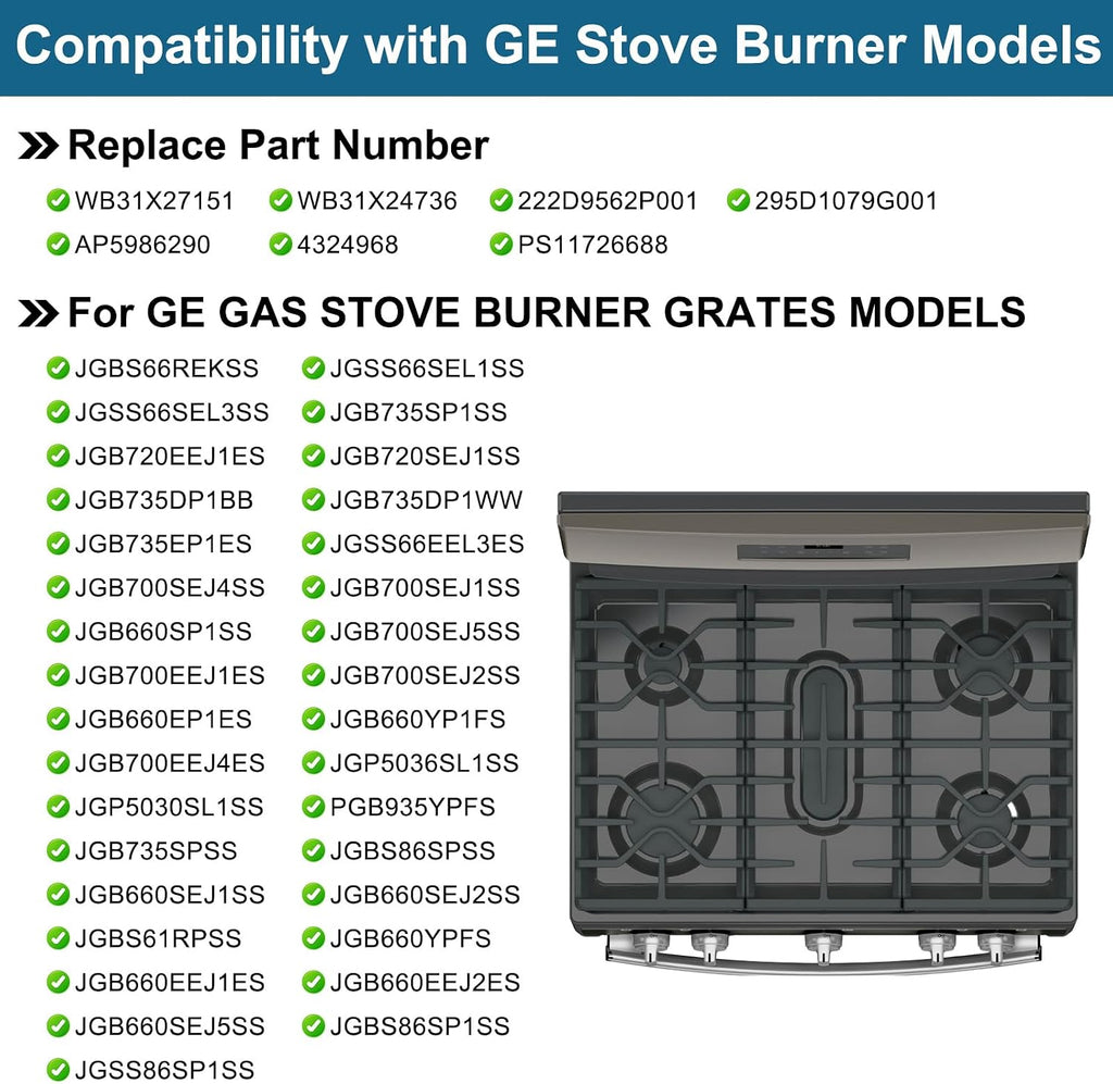 Criditpid WB31X27151 Side Grate & WB31X27150 Center Grate Kit Replacement Parts for GE Stoves, General Electric Gas Range Burner Grate for JGBS66REKSS JGB735SPSS JGBS86SPSS, 2+1 Pack.