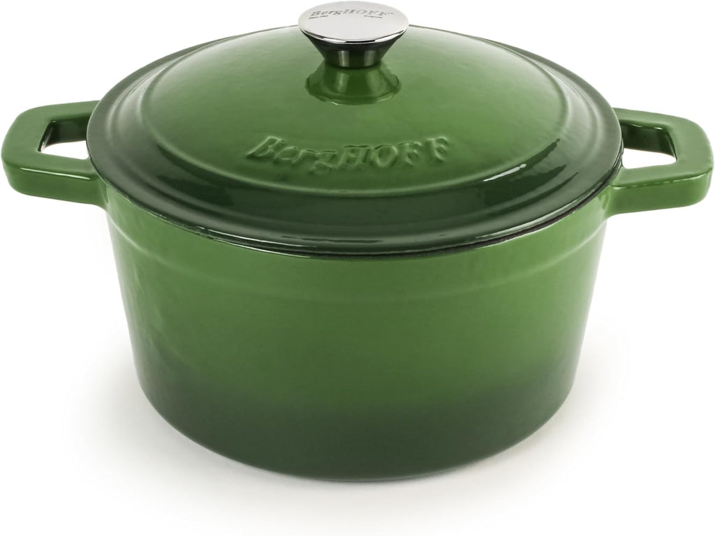 BergHOFF 3Pc Neo Enameled Cast Iron Cookware Set, 3qt. Dutch Oven, Matching Lid, Square Grill Pan 11 Inches, Oven Safe Up To 400°F, Green