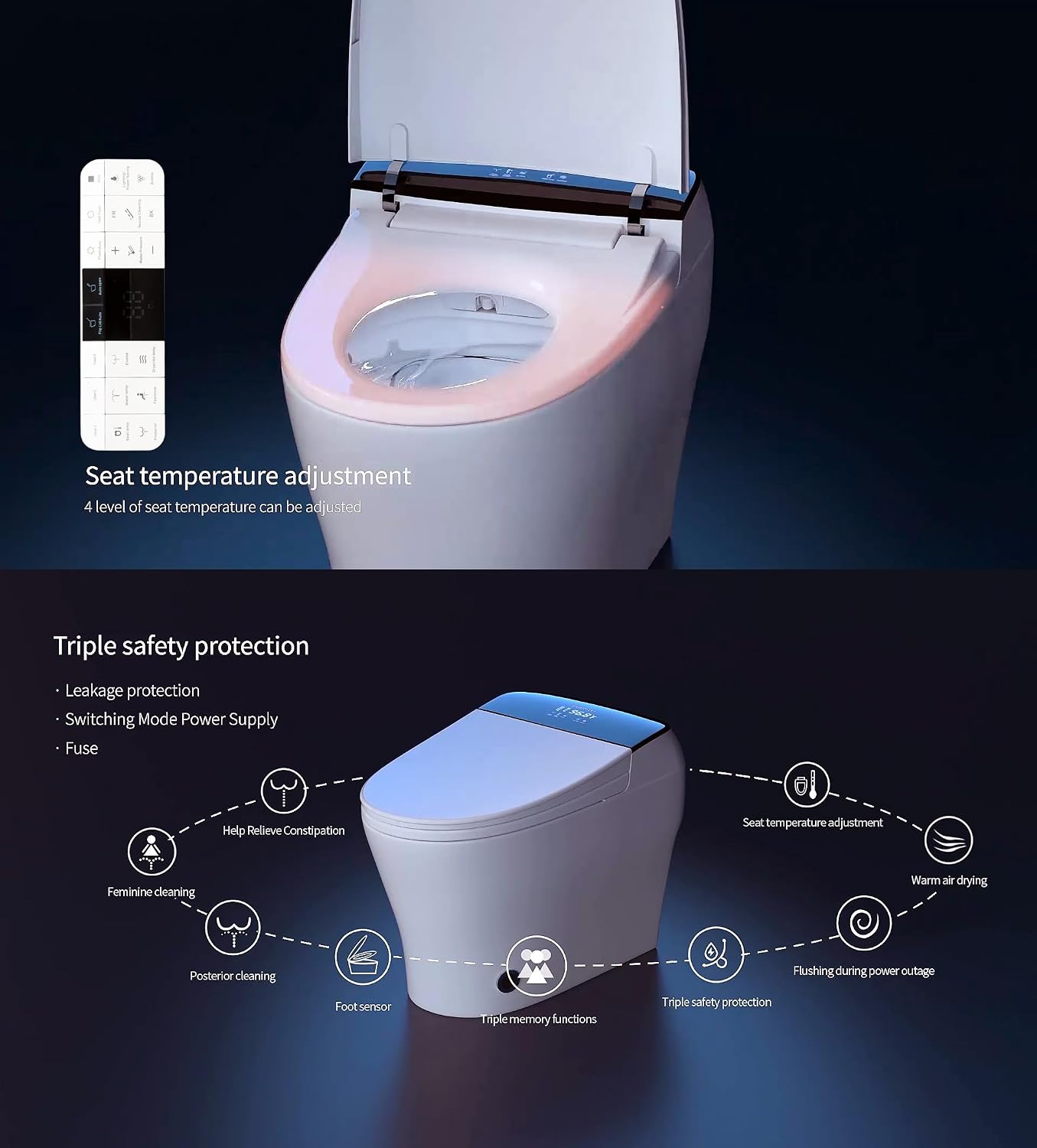 EUROTO Smart Toilet with Auto Open/Close Lid, Foot Sensor Flush, Instant Warm Water, Heated Seat, Warm Air Dryer, Night Light, Dual Flush Bidet