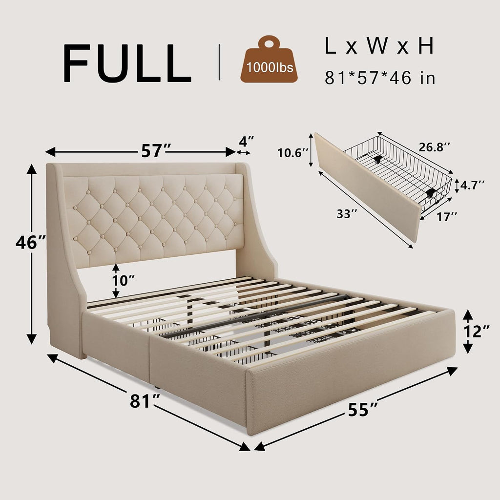 Einhomn Upholstered Full Size Bed Frame with 4 Storage Drawers, Platform Bed with Wingback Headboard, Charging Station, No Box Spring Needed, Beige
