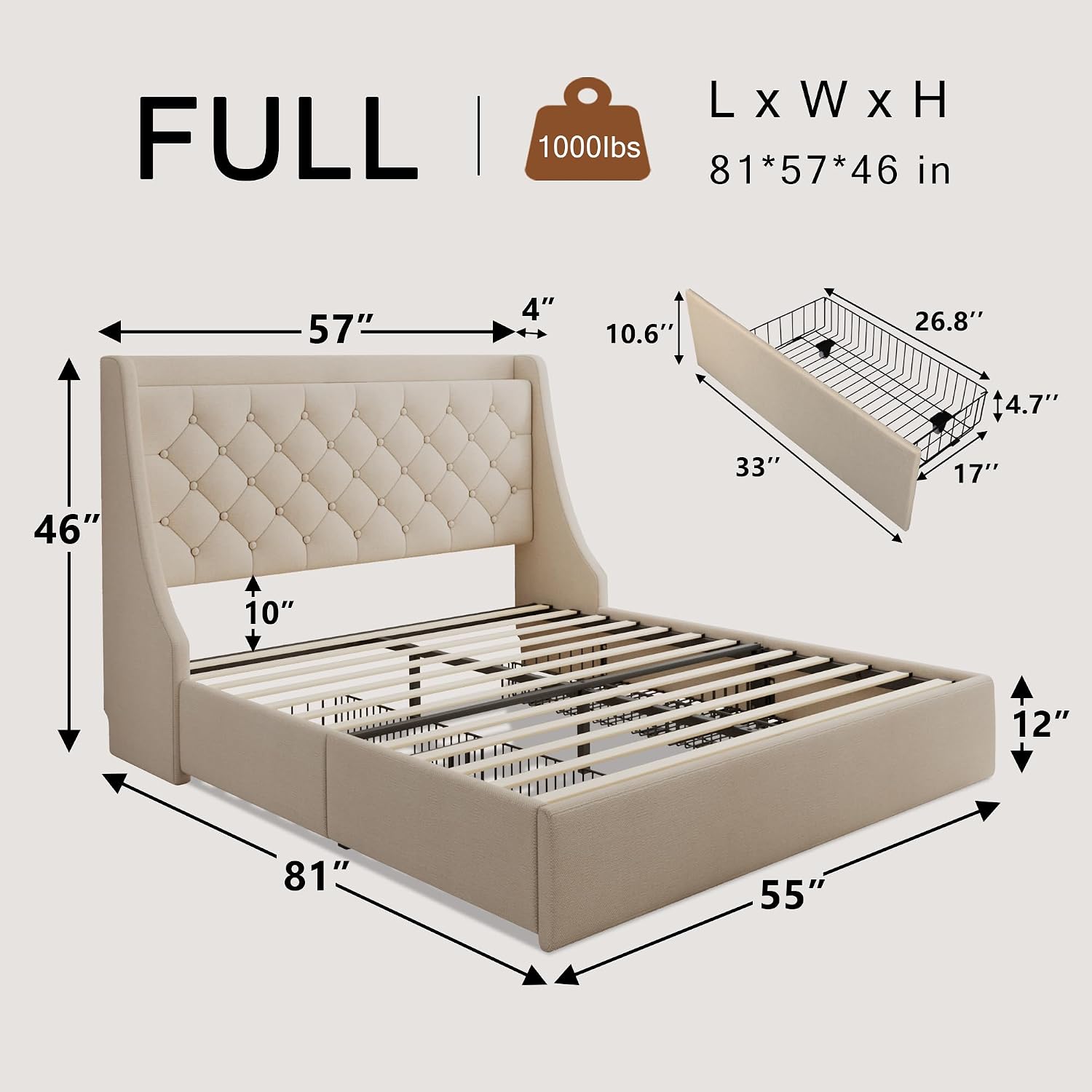 Einhomn Upholstered Full Size Bed Frame with 4 Storage Drawers, Platform Bed with Wingback Headboard, Charging Station, No Box Spring Needed, Beige