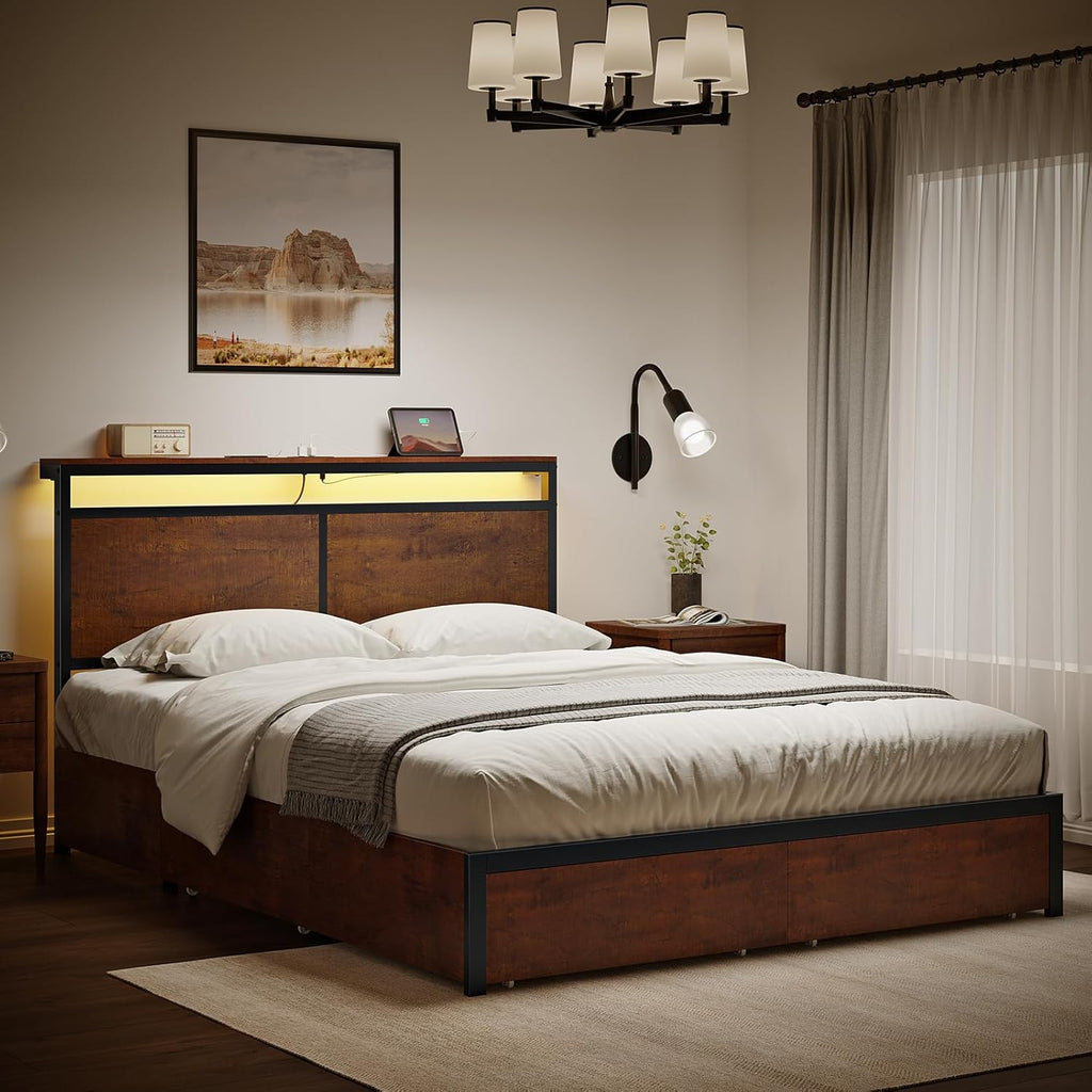 HAUSOURCE Queen Bed Frame with 4 Storage Drawers Metal Platform Bed Frame Queen Size with Headboard Charging Station LED Lights Non-Slip Without Noise No Box Spring Needed