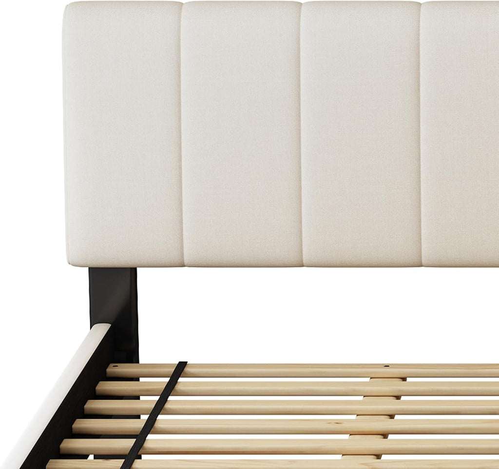 Queen Size Upholstered Platform Bed with Trundle and USB/Type-C Charging, Chenille Fabric Full and Twin Double Bed w/LED Lights with APP for Bedroom,Beige