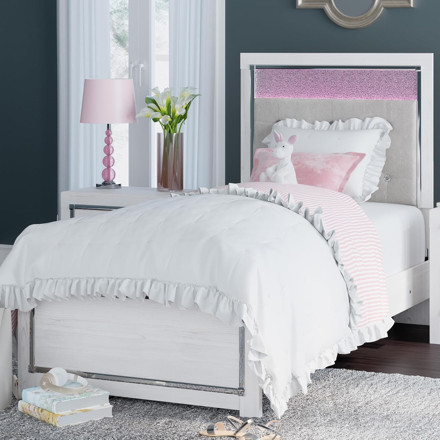 Signature Design by Ashley Altyra Contemporary Adjustable Tufted Twin Upholstered Panel Bed with LED Lights and Metal Slats, Foundation or Box Spring Needed, White & Gray