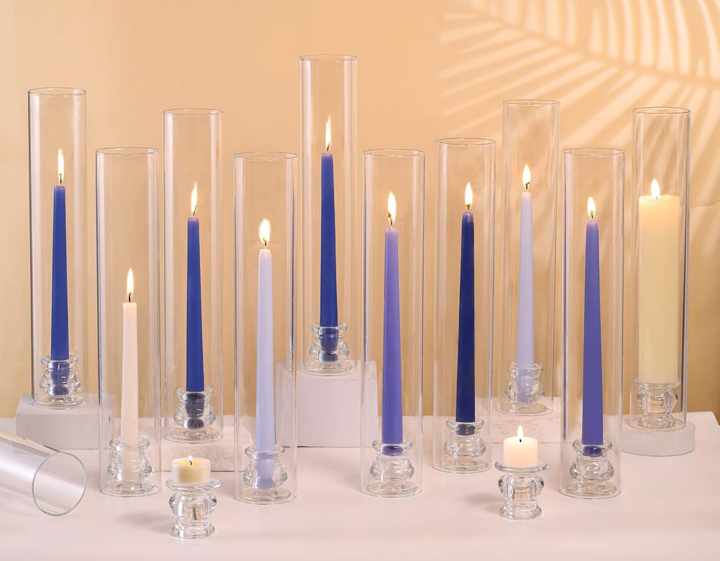 Volens Hurricane Glass Candle Holders Bulk- Set of 24 Candlestick Holders for Taper Candles with Windproof Cylinder Covers 14' Tall Clear Glass Chimney Cover for Wedding Table Centerpiece