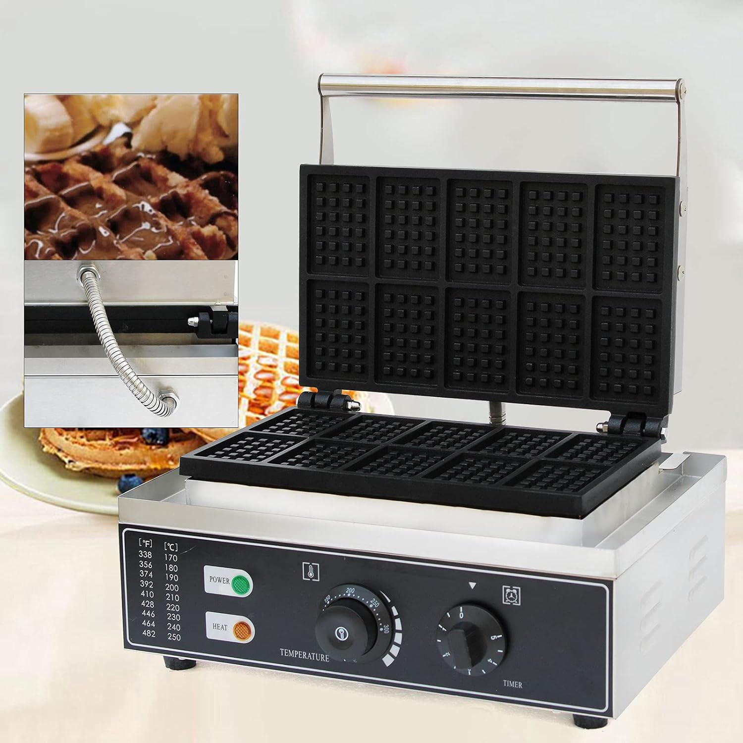 Waffle Maker, 110V 1500W Commercial Waffle Maker Electric Stainless Steel Rotatable Double-Head Heating Waffle Making for Tea Shops, Snack Bars, Dessert Shops (10 Grids 110V 1500W)