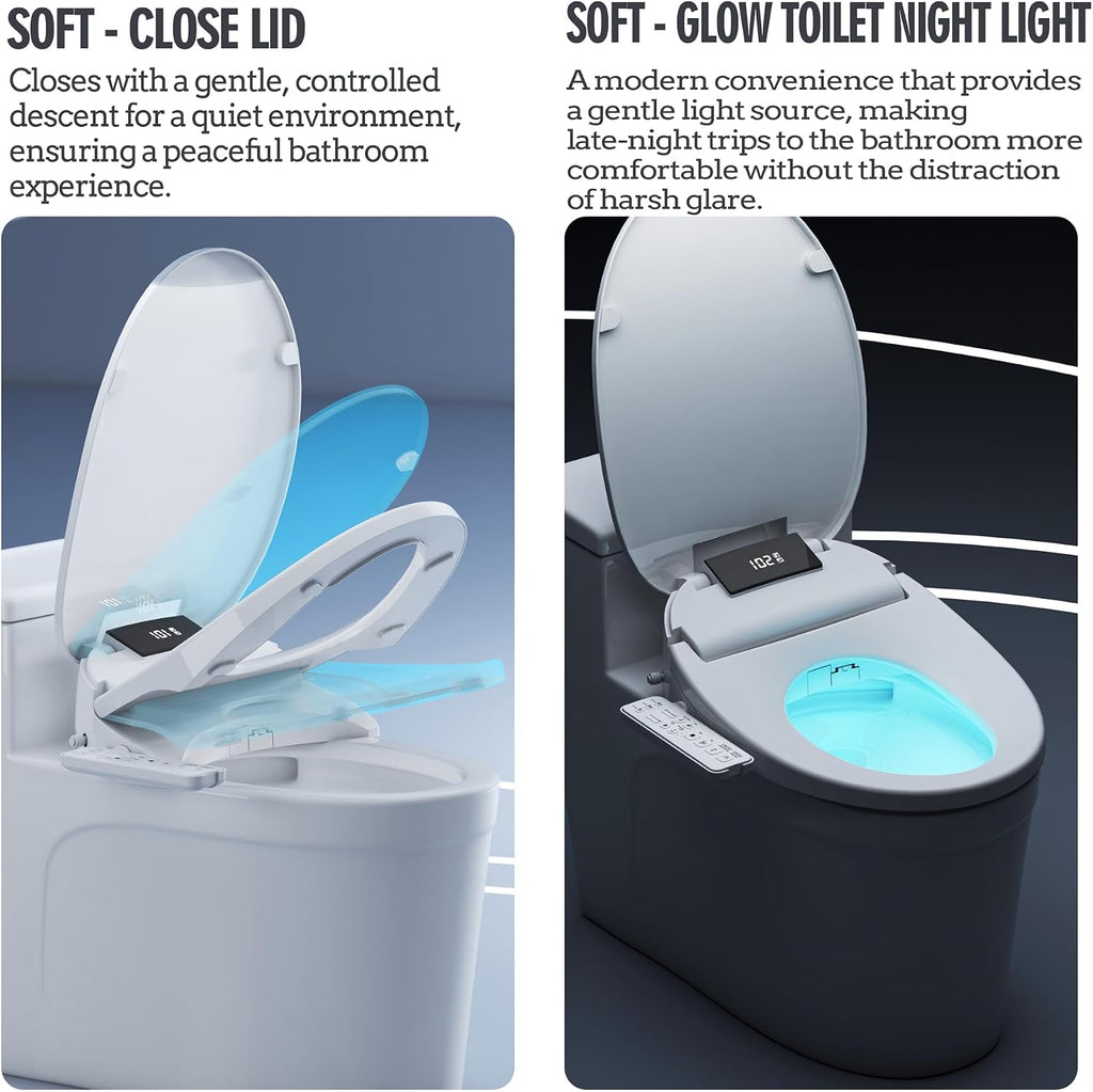 WLJBIDET Heated Bidet Toilet Seat with Dual-Position Control Mode, Side Panel & Remote Control, Self-Cleaning Nozzle, Adjustable Warm Water and Dryer, Display Screen, Night Light, Round