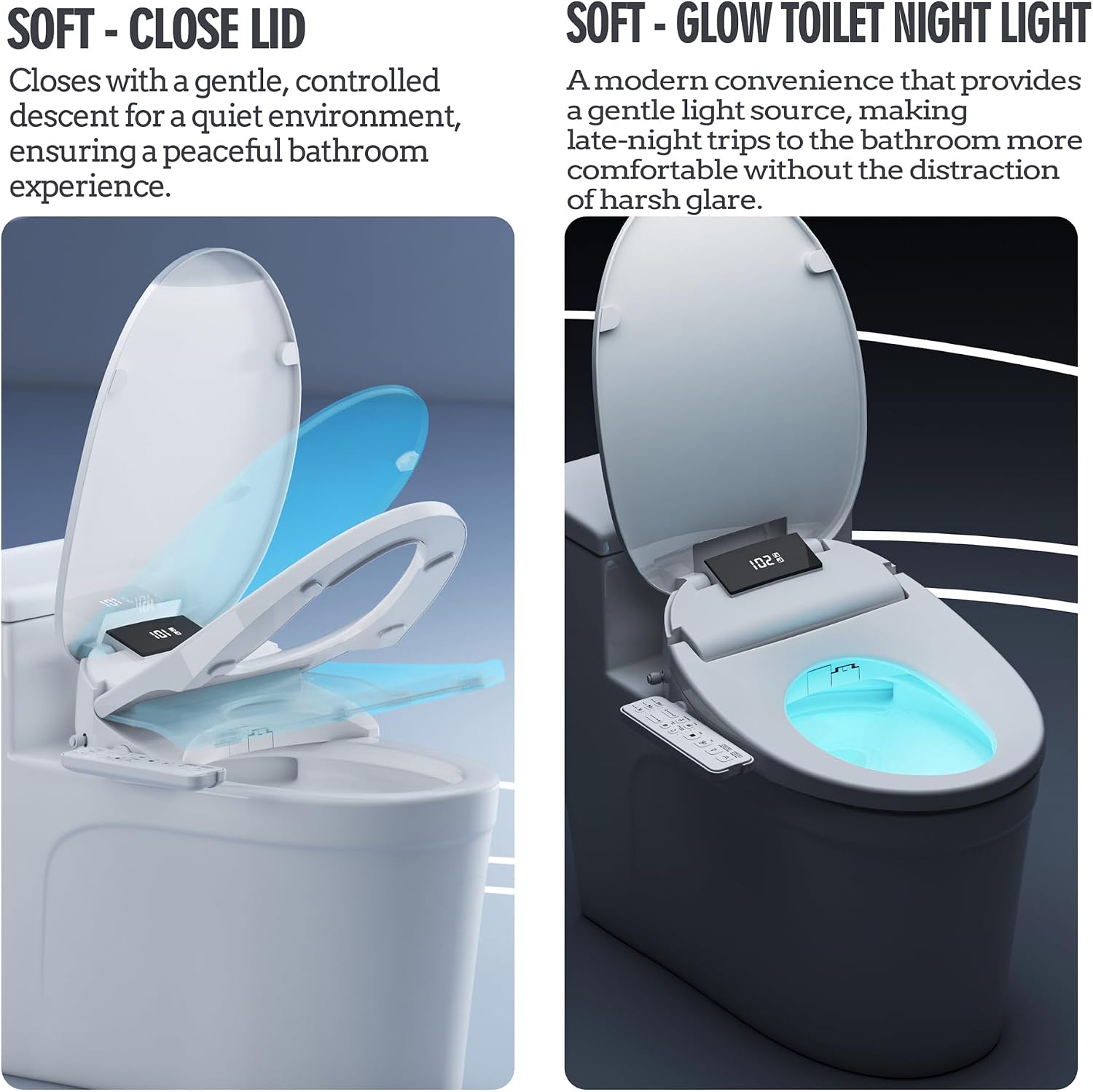 WLJBIDET Heated Bidet Toilet Seat with Dual-Position Control Mode, Side Panel & Remote Control, Self-Cleaning Nozzle, Adjustable Warm Water and Dryer, Display Screen, Night Light, Round