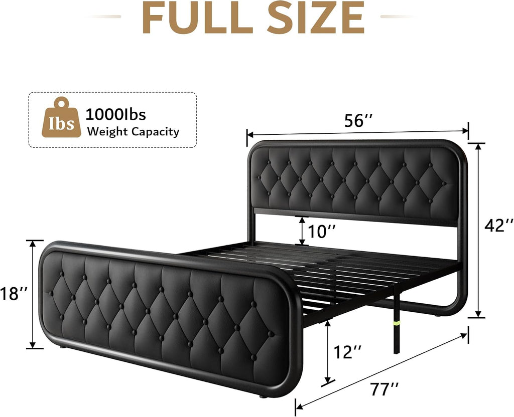iPormis Full Size Metal Bed Frame with Leather Headboard, Heavy-Duty Platform Bed Frame, Thicker Metal Steel Slats Support, 12'' Under-Bed Space, Noise-Free, Easy Assembly, Black