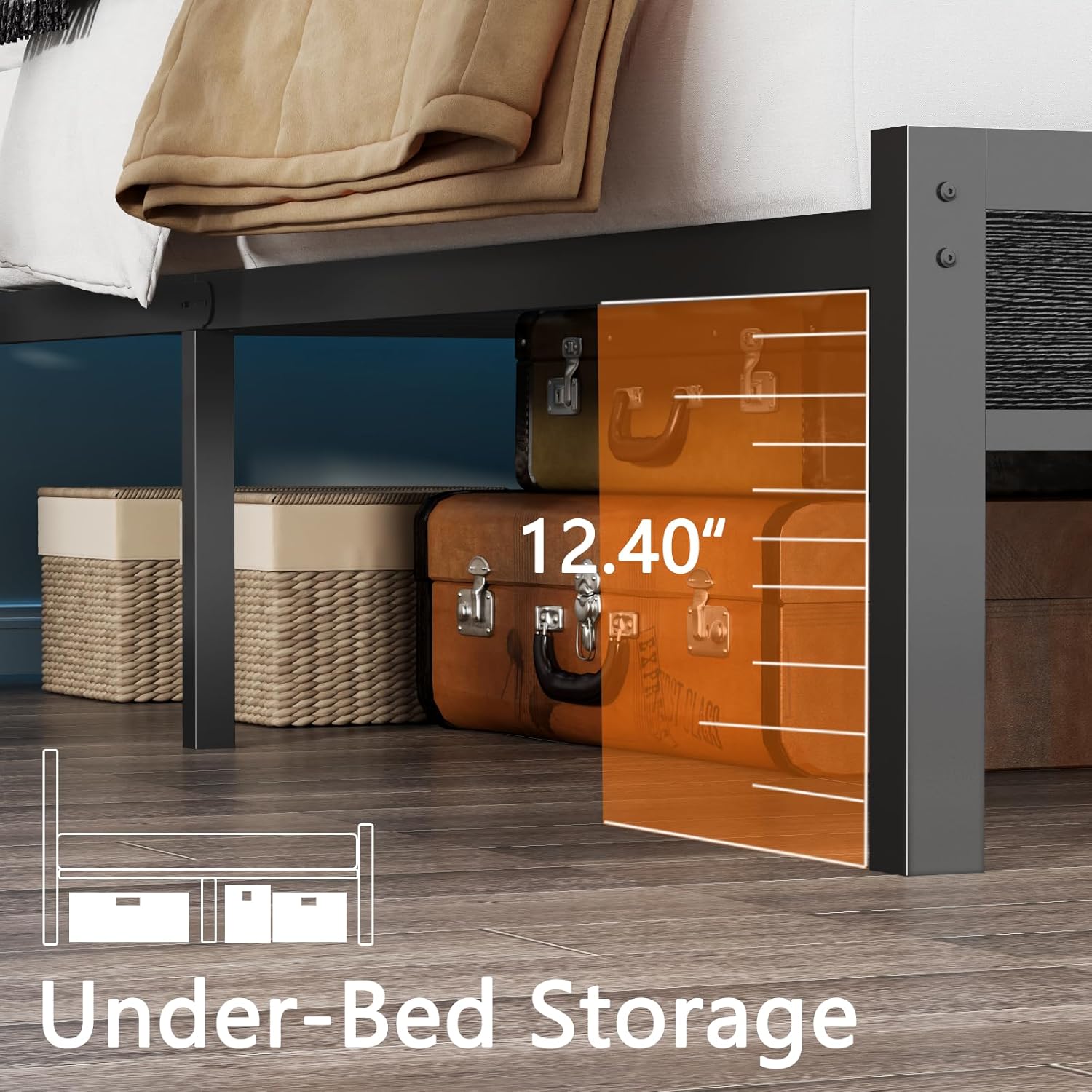Furnulem Queen Bed Frame with Headboard, 3-Tier Storage Shelves & 2 Fabric Drawers, Built-in Charging Station & RGB LED Lights, Metal Slat Support, No Box Spring Needed, Easy Assembly, Black Oak
