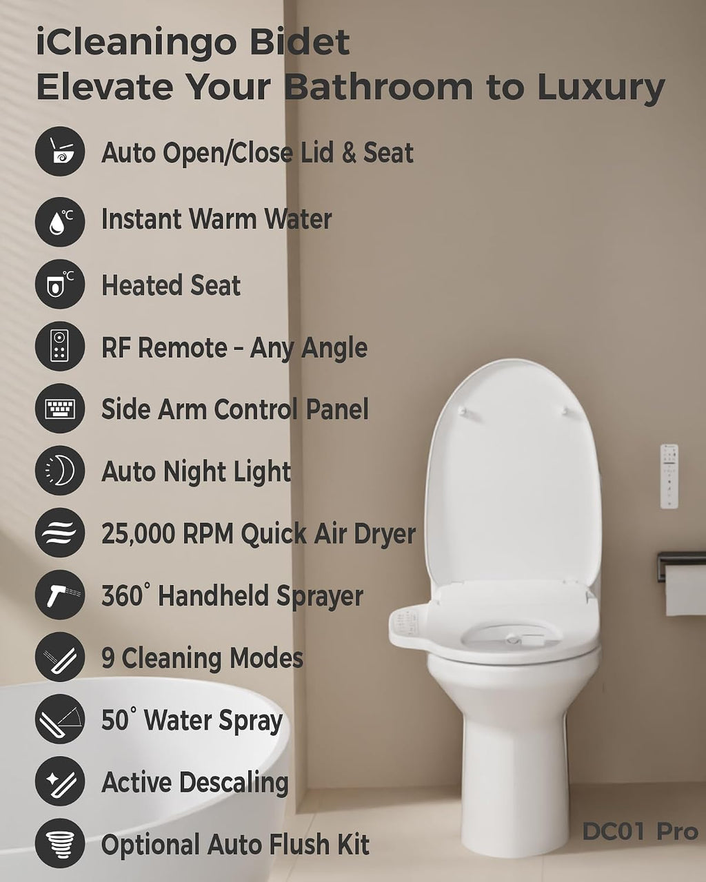 DC01 Pro iCleaningo Electric Bidet Toilet Seat, Side Panel Control, Instant Heating, Warm Water Wash, Heated Seat, Warm Air Dry, Auto Open & Close Lid, 360° Handheld Sprayer, Elongated, Remote
