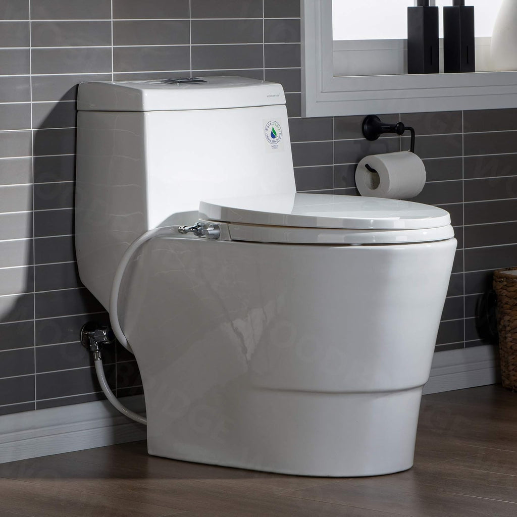 WOODBRIDGE One Piece 1.1GPF/1.6 GPF Dual Flush Elongated Toilet with Non-Electric Bidet Seat in White