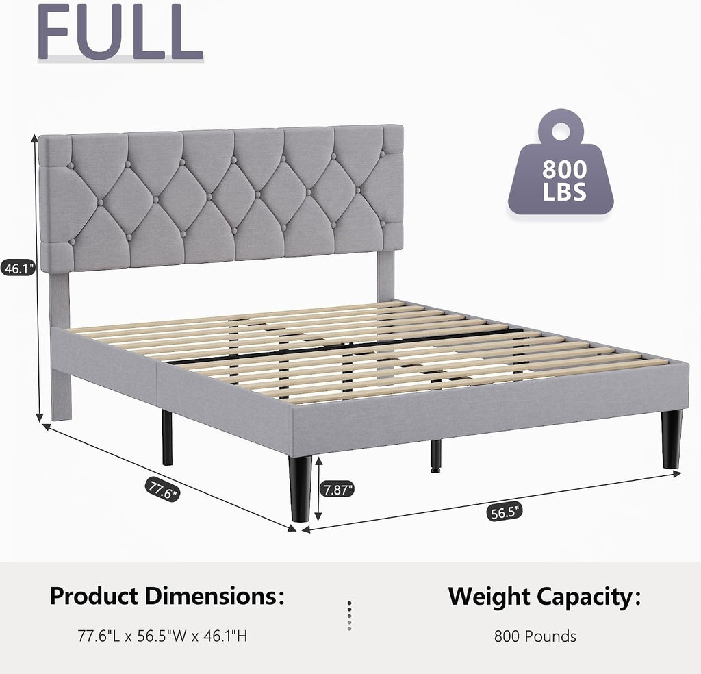 VECELO Full Size Bed Frame with Button Tufted Headboard, Upholstered Platform Bedframe with Wood Slat Support, No Box Spring Needed, Dark Grey