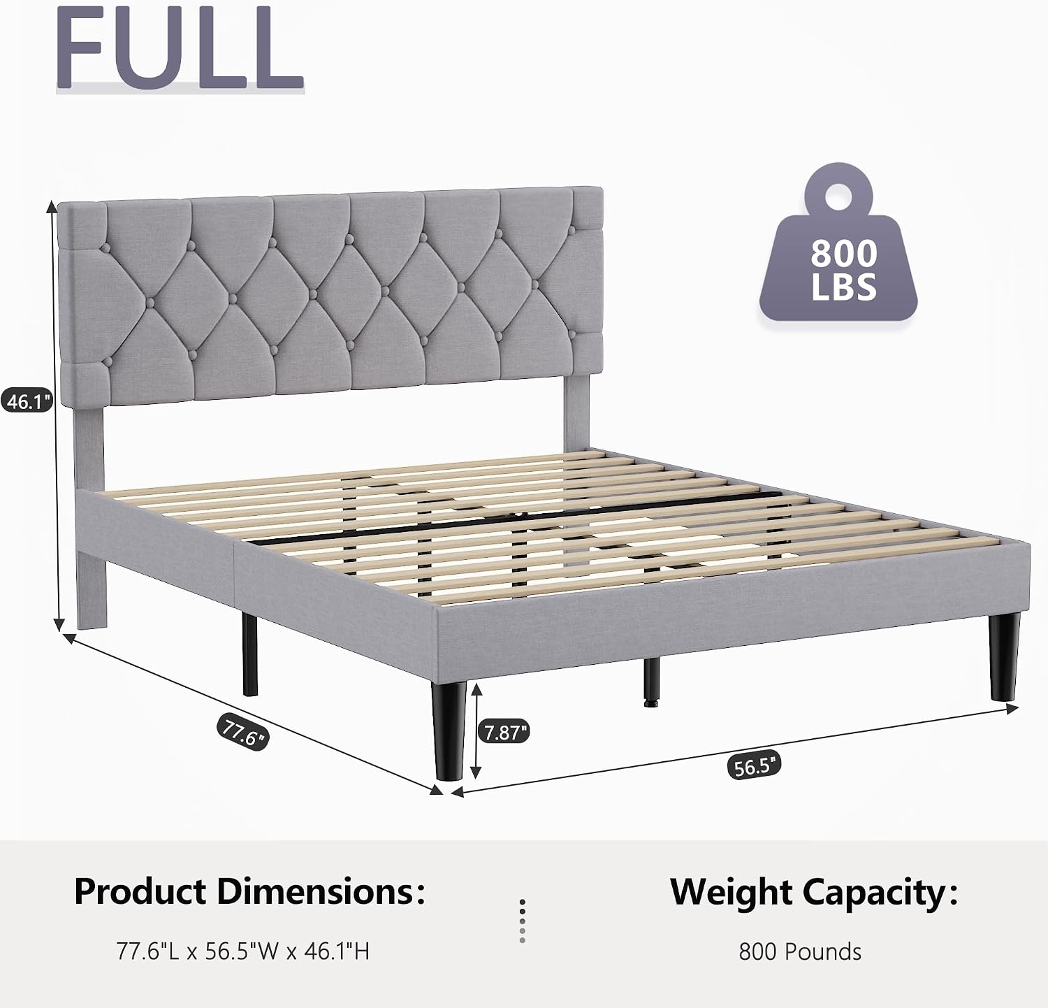 VECELO Full Size Bed Frame with Button Tufted Headboard, Upholstered Platform Bedframe with Wood Slat Support, No Box Spring Needed, Dark Grey