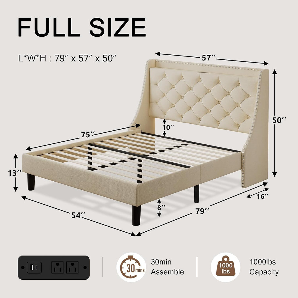 Einhomn Full Size Bed Frame with Wingback Button Tufted Storage Headboard and Type AC Ports, Upholstered Platform Bed, Wooden Slats Support, No Box Spring Needed, Noise-Free, Beige