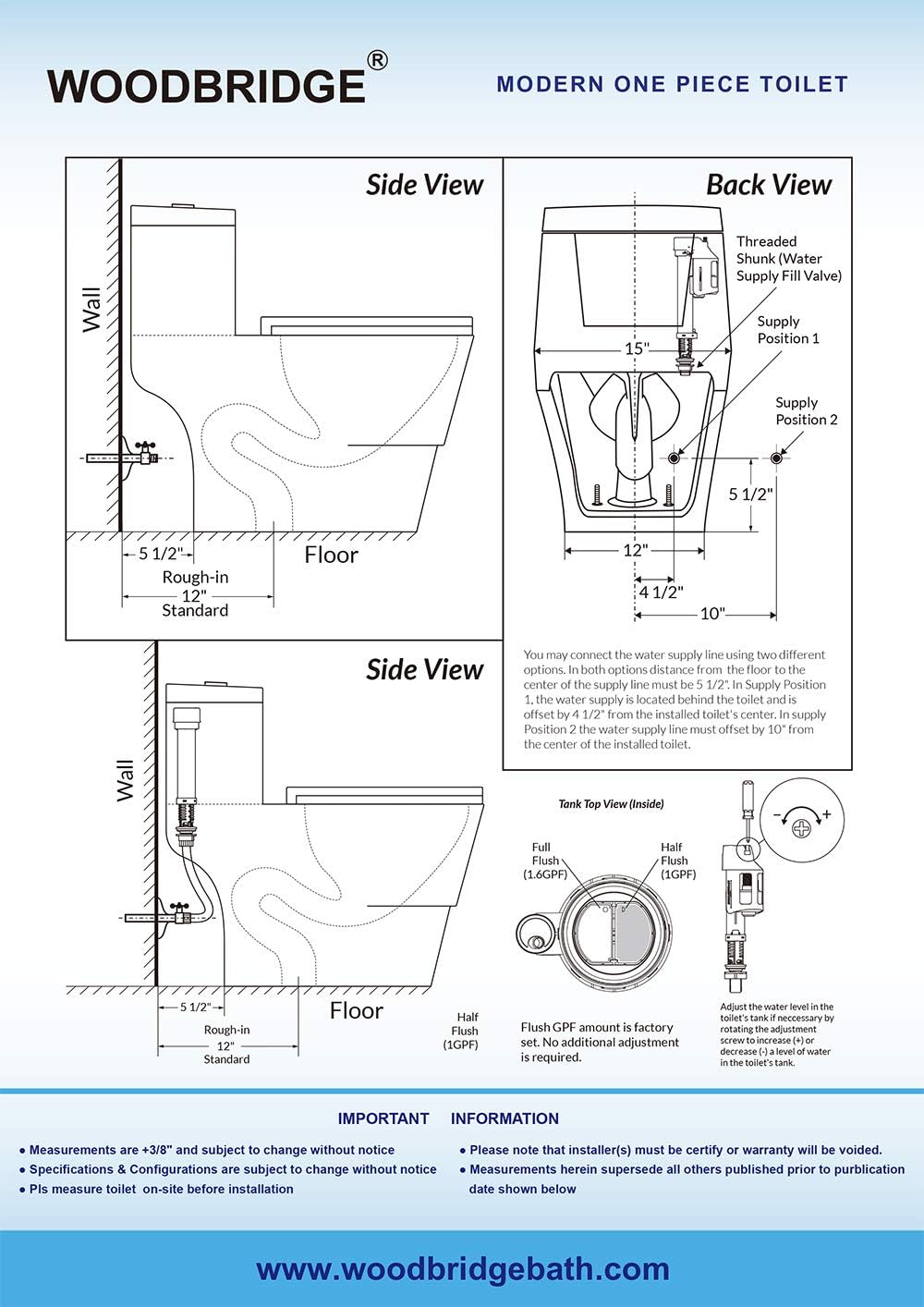 WOODBRIDGE Modern Design, One Piece Dual Flush 1.0/1.6 Gpf,with Soft Closing Seat, White, Elongated Toilet, B0735/T-0018