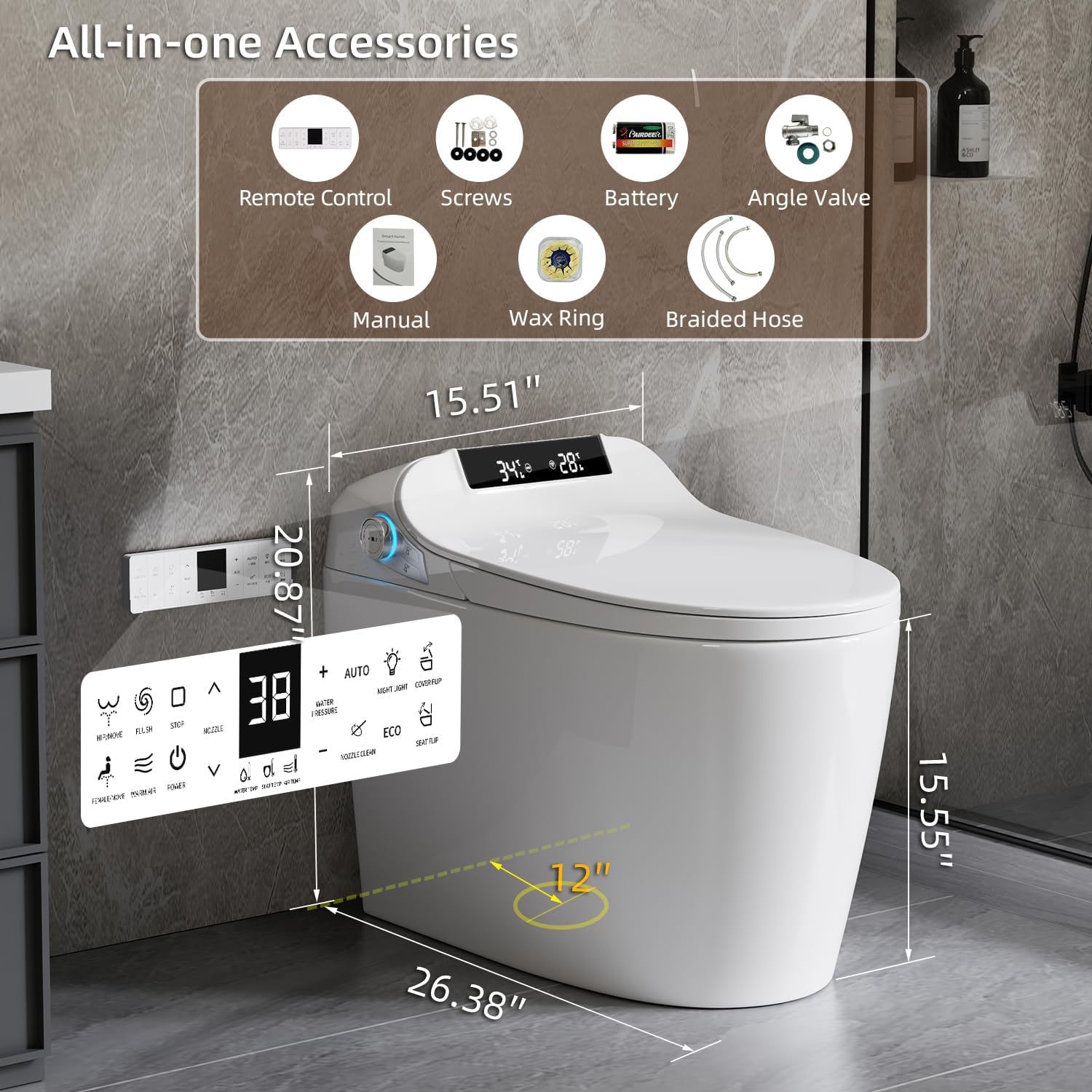 Smart Toilet Bidet with Foot Sensor Open Cover,Seat, Self Cleaning Nozzle, LED Display, Three Level Heated Seat,Airflow, Night Light, Knob Control, Soft Close, Auto Flush, with Remote Control