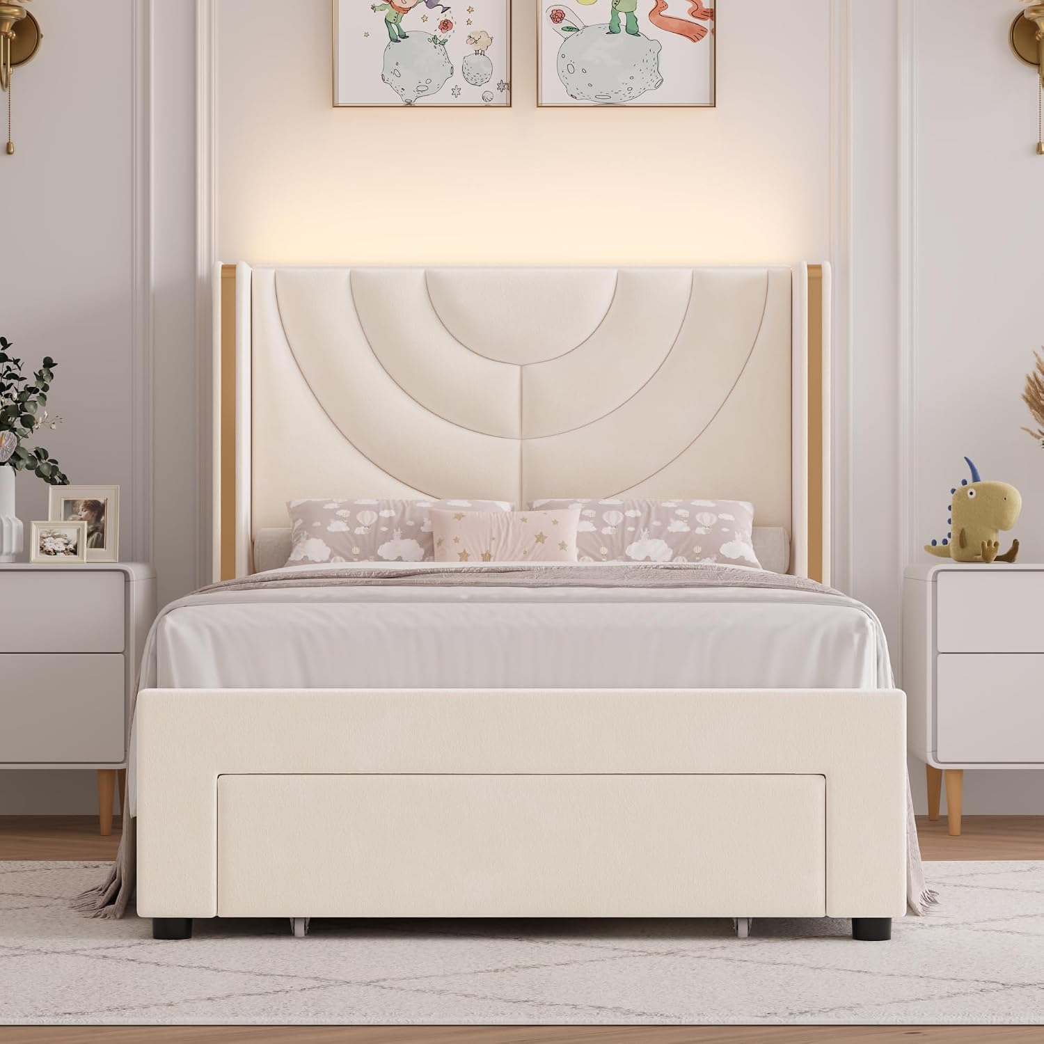 HITHOS 2 Set Twin Upholstered LED Bed Frame with Storage Drawer, Velvet Kids Bed with Headboard, Princess Twin Platform Bed for Girls/Kids, Solid Wood Slats Support, No Box Spring Needed (Beige)