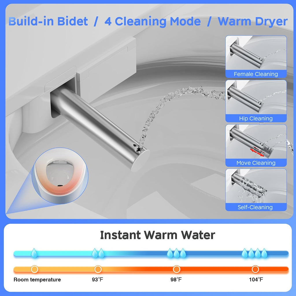 Smart Toilet with Bidet and Foam Shield Splash-Proof Protection, Touchless Auto Open Lid & Self-Cleaning, Modern Tankless Toilet with Remote Control, Heated Seat for Home Use