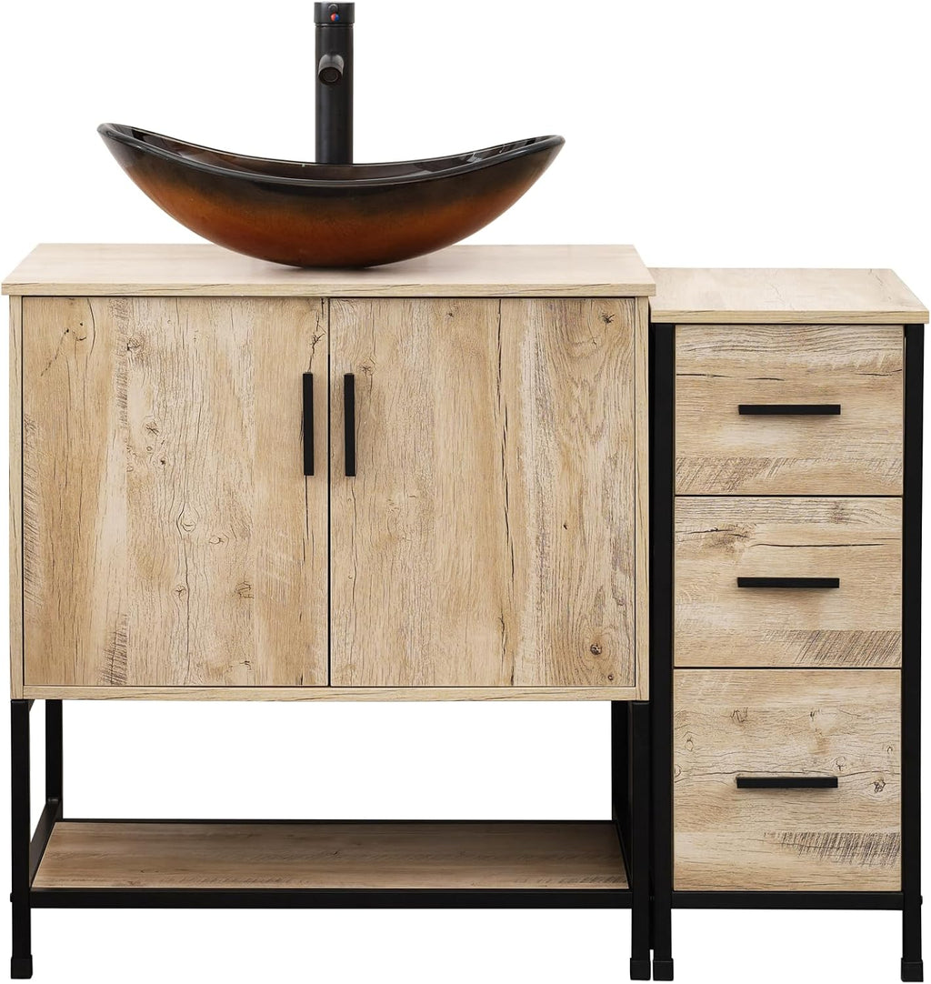 UEV 42' Rustic Oak Bathroom Vanity with Sink Combo,Industrial Iron Frame Bathroom Cabinet Sets with 3 Drawers Side Cabinet,Modern Brown Boat Tempered Glass Vessel Sink(029BR)