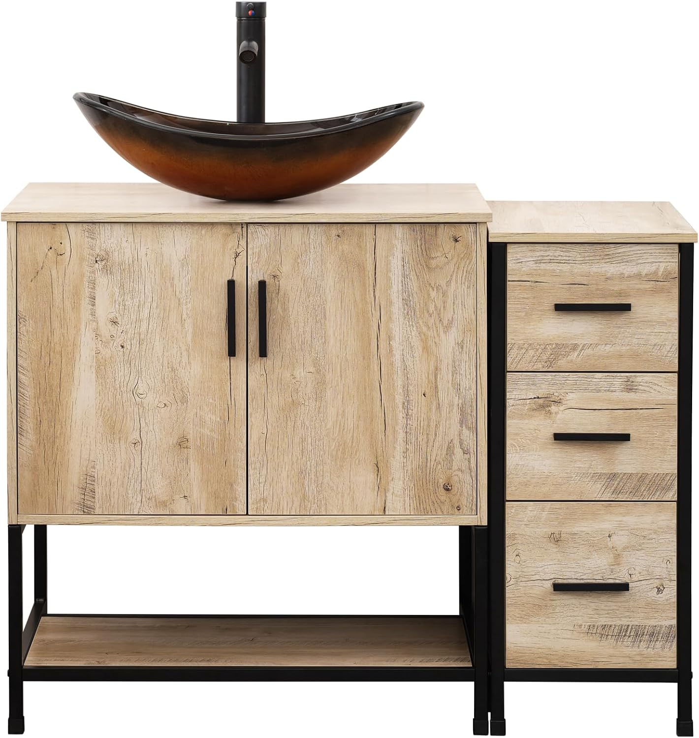UEV 42' Rustic Oak Bathroom Vanity with Sink Combo,Industrial Iron Frame Bathroom Cabinet Sets with 3 Drawers Side Cabinet,Modern Brown Boat Tempered Glass Vessel Sink(029BR)