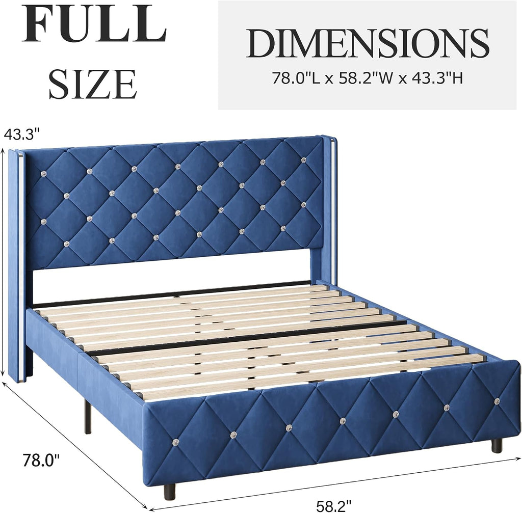 Lullabyre Full Size Bed Frame, Upholstered Bed Frame with Diamond Tufted Headboard, Modern Silverside Wingback, No Box Spring Needed, Easy Assembly, Blue