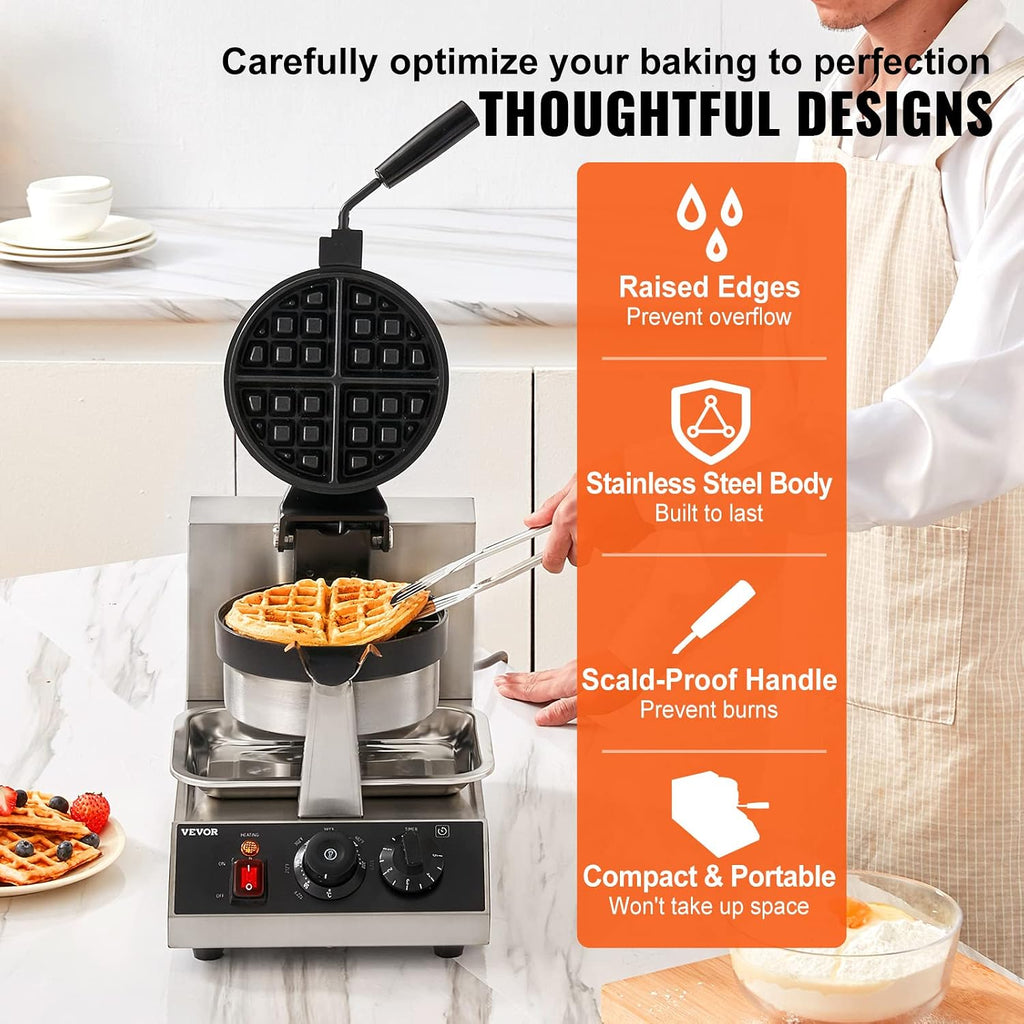 VEVOR Commercial Waffle Maker, 1300W Round Waffle Iron, Non-Stick Rotatable Waffle Baker Machine With 122-572℉ Temp Range and Time Control, Teflon-Coated Baking Pan Stainless Steel Body 110V