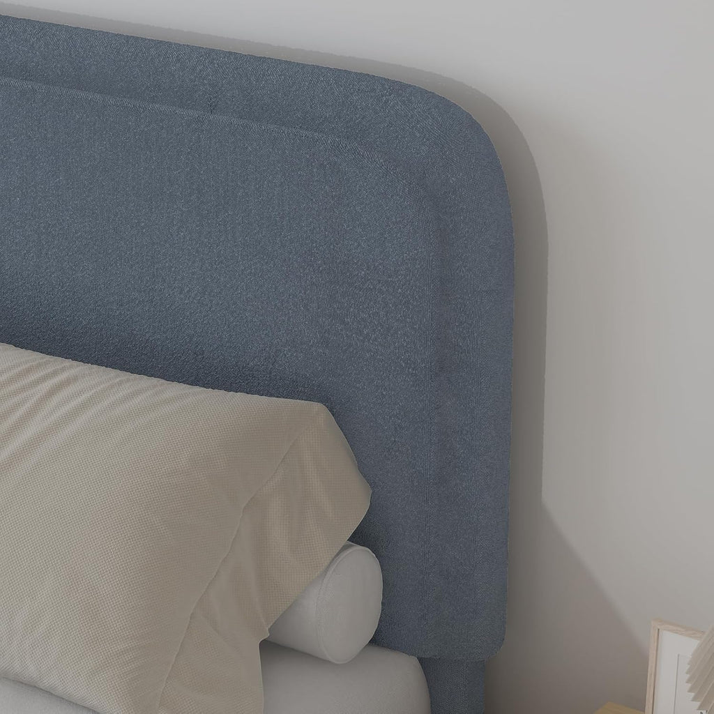 BarnFurin Boucle Upholstered Bed Frame King Size/Cloud Bed Frame/Soft Rounded Corners Headboard/Low Profile/No Box Spring Needed/Non-Slip and Noise-Free/Blue