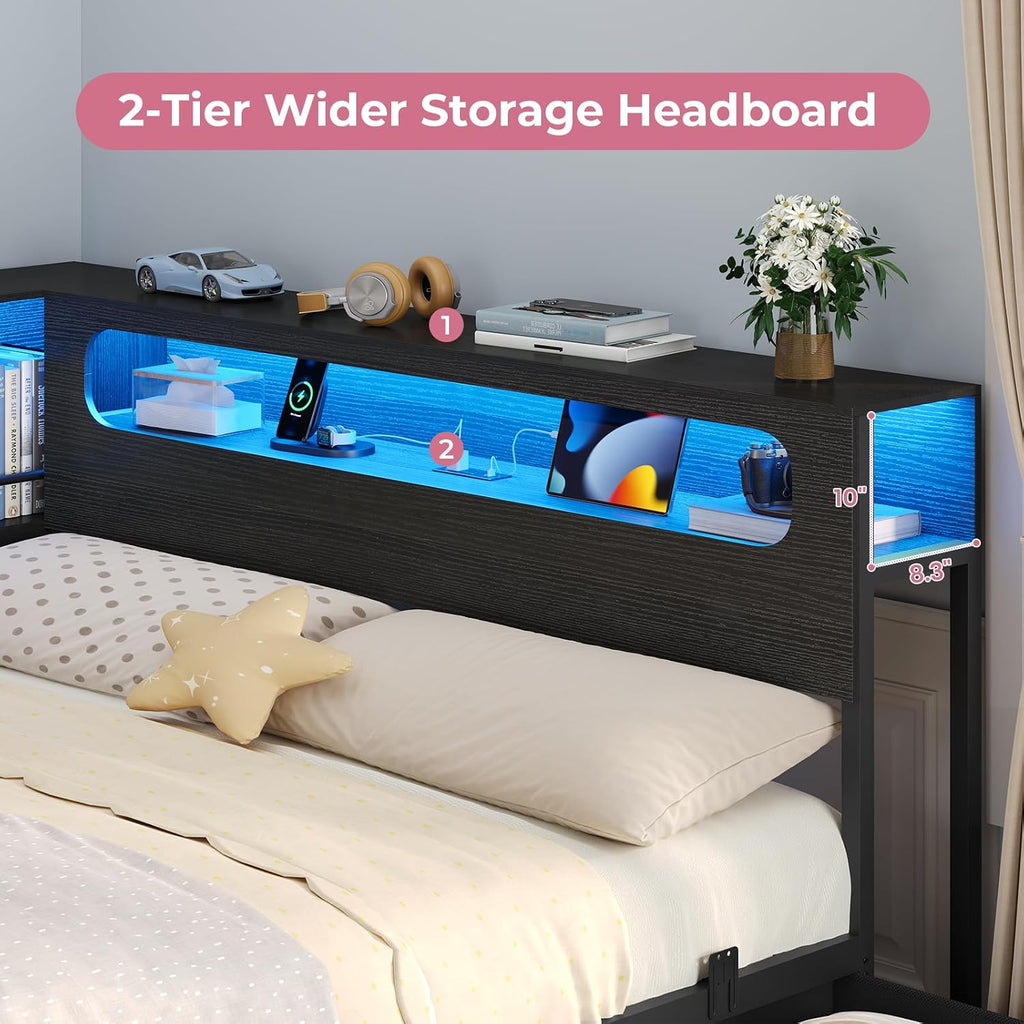 ADORNEVE Corner Bed Frame Full Size with Storage Bookcase & RGB Lights, Power Outlet, Metal Daybed with 3 Drawers & 2 Open Cubbies, for Teens, Small Space, Black