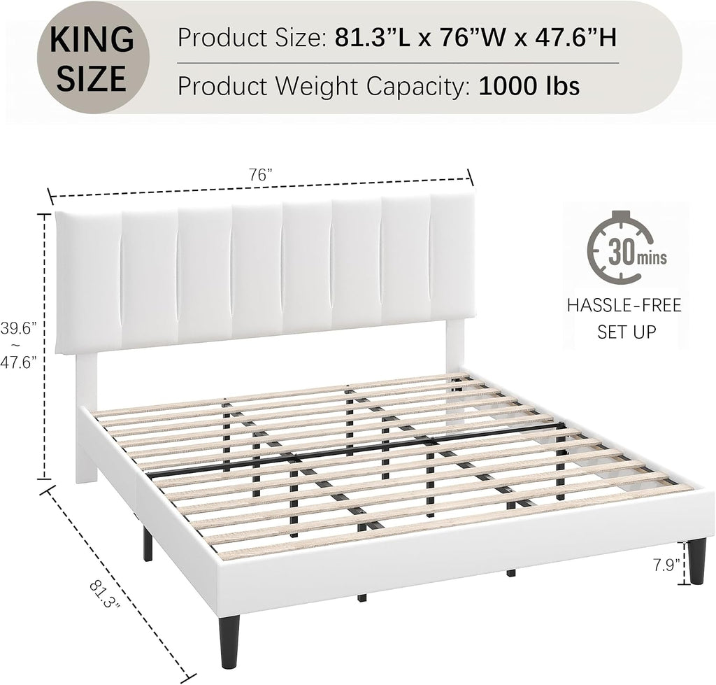 VECELO King Size Bed Frame with Upholstered Headboard, Heavy-Duty Bedframe with Strong Wooden Slats Support, No Boxing Spring Needed, Pure White