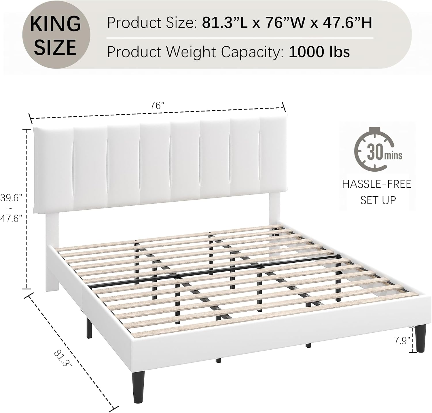 VECELO King Size Bed Frame with Upholstered Headboard, Heavy-Duty Bedframe with Strong Wooden Slats Support, No Boxing Spring Needed, Pure White