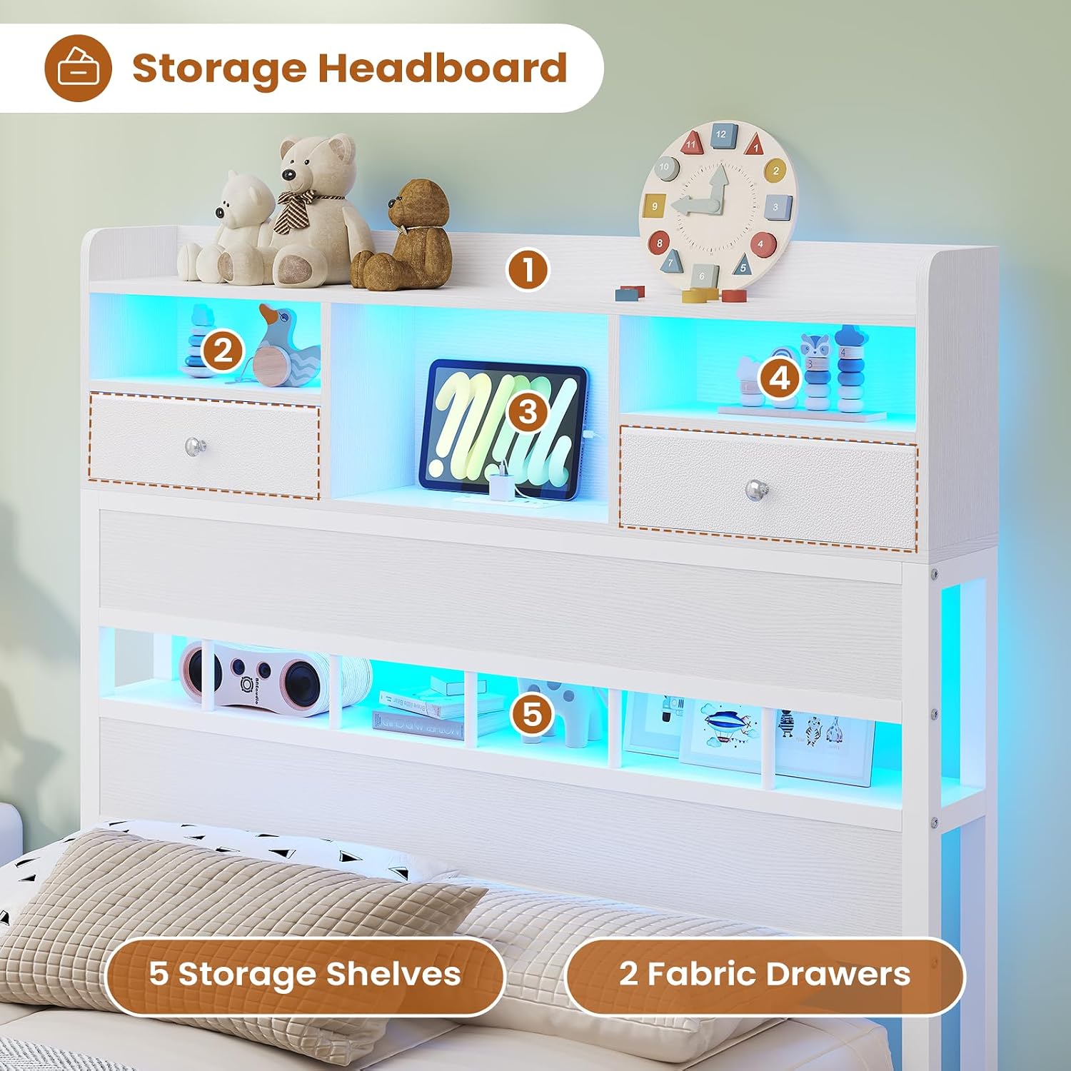 BTHFST Twin Bed Frames with Headboard & Charging Station, LED Bed Frame Twin with 5 Storage Shelves & 2 Fabric Drawers, Platform Bed Frames for Kids, No Box Spring Needed, White