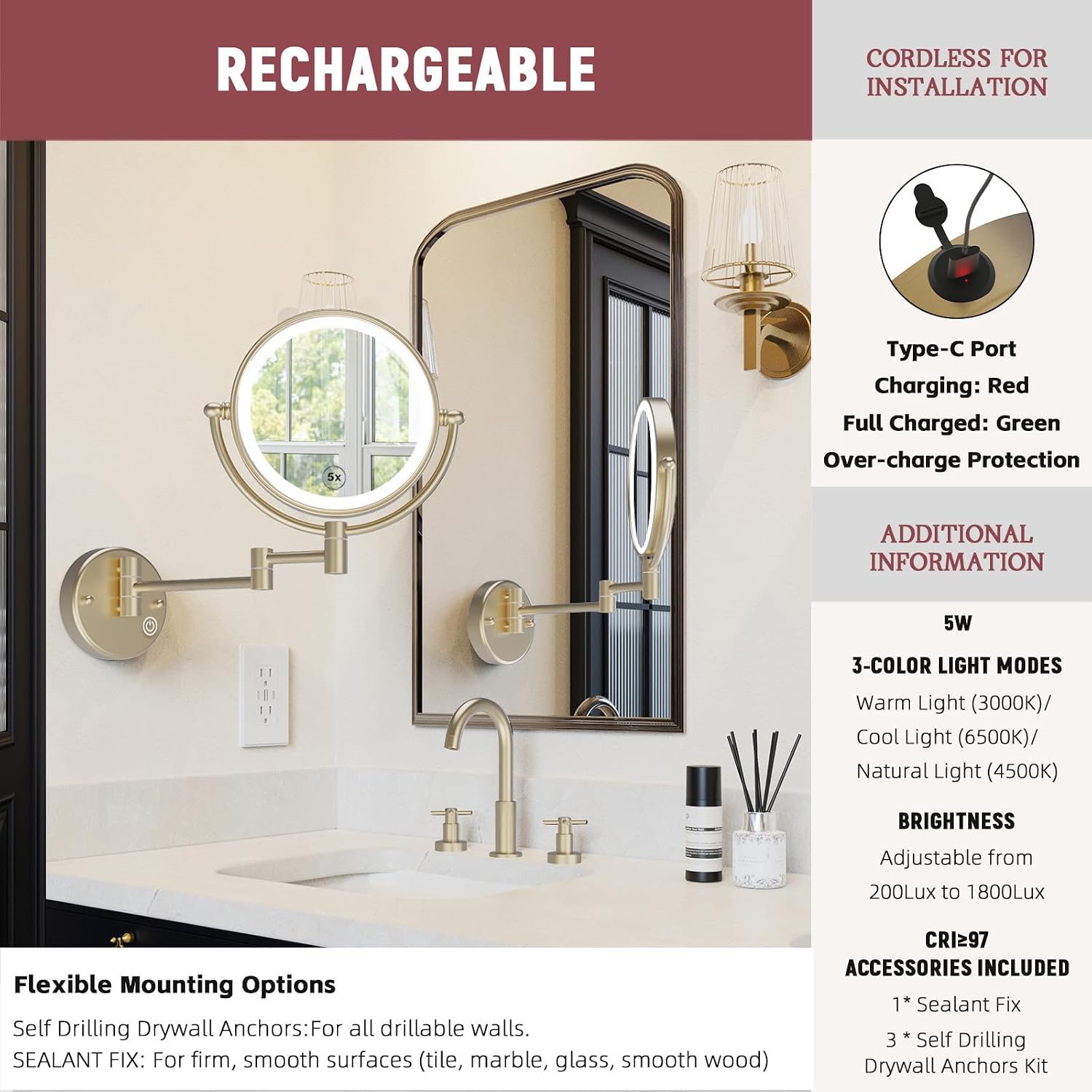 8' Rechargeable Brass Wall Mounted Magnifying Mirror with Lights, 1X/5X Cordless Double Sided 3-Colors LED Touch Dimmable Extended 360 Rotation Vanity Mirror for Bathroom, Satin Brushed Gold