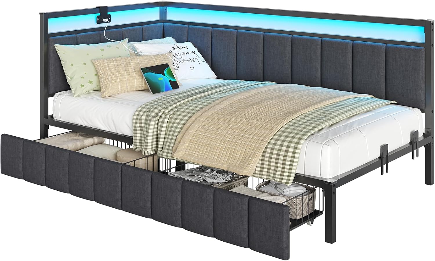 DICTAC Corner Bed Frame with 2 Storage Drawers and Charging Station Twin XL Metal Platform Bed Frame with Led Lights and Upholstered Guardrail Twin XL Daybed for Kids/Teen,No Box Spring Needed,Gray