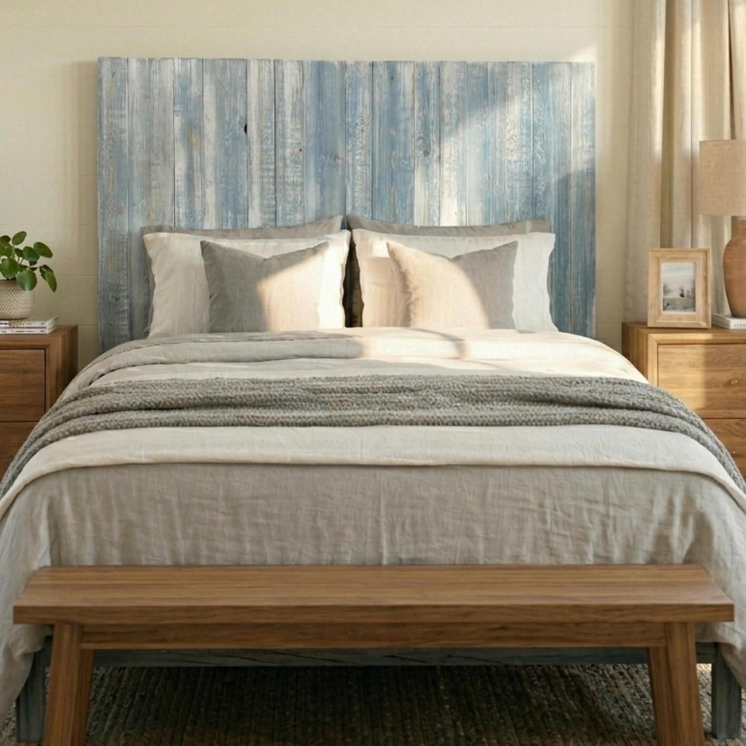 Barn Walls Full Wood Headboard - Blue Powderwash Farmhouse Design - Wall Mounted Floating Headboard for Full Bed - Handcrafted Solid Wood - Easy No-Drill Installation