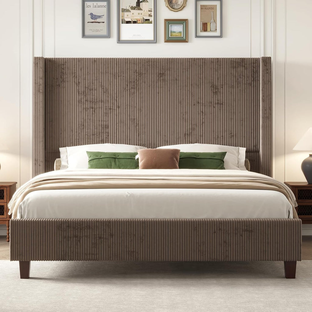 HOWE King Size Bed Frame with 61.4' Extra Tall Headboard, Corduroy Upholstered Bed with Vertical Wingback Headboard, No Box Spring Needed/Noise Free/Solid Wood Slats & Legs/Brown