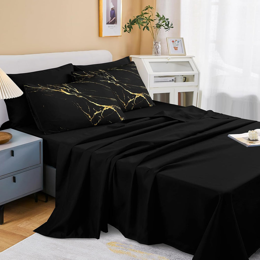 Merryword 8 Pcs Bed in a Bag Comforter Set - California King Size Black Gold Marble Bedding Set