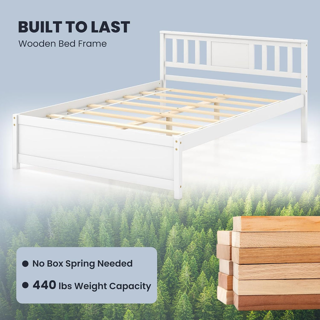 Giantex Full Size Solid Wood Platform Bed Frame, Mid Century Full Bed Frame with Headboard, Wood Slat Support, Double Panel Bed, No Box Spring Needed, Easy Assembly, White