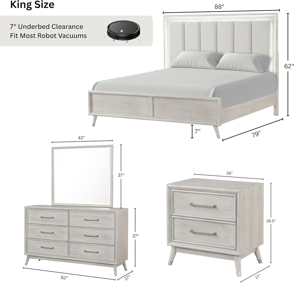 Roundhill Furniture Seluna 4-Piece Bedroom Set with Touch LED Lighting, Gray Oak Finish, King