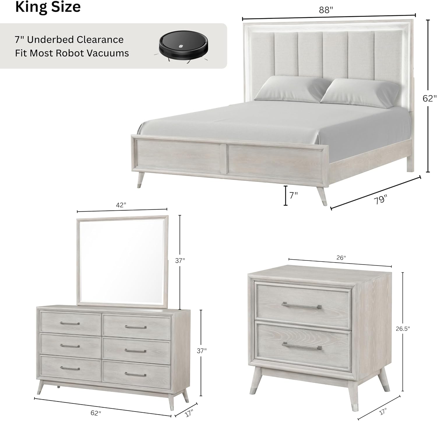 Roundhill Furniture Seluna 4-Piece Bedroom Set with Touch LED Lighting, Gray Oak Finish, King