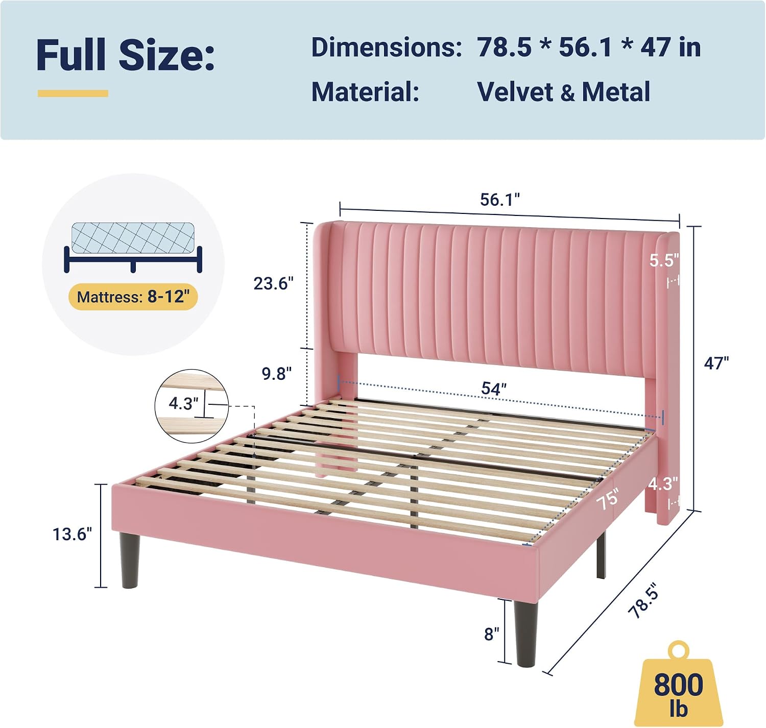 Allewie Full Size Velvet Bed Frame/Vertical Channel Tufted Wingback Headboard/Upholstered Platform Bed/Strong Wooden Slats/No Box Spring Needed/Easy Assembly/Pink
