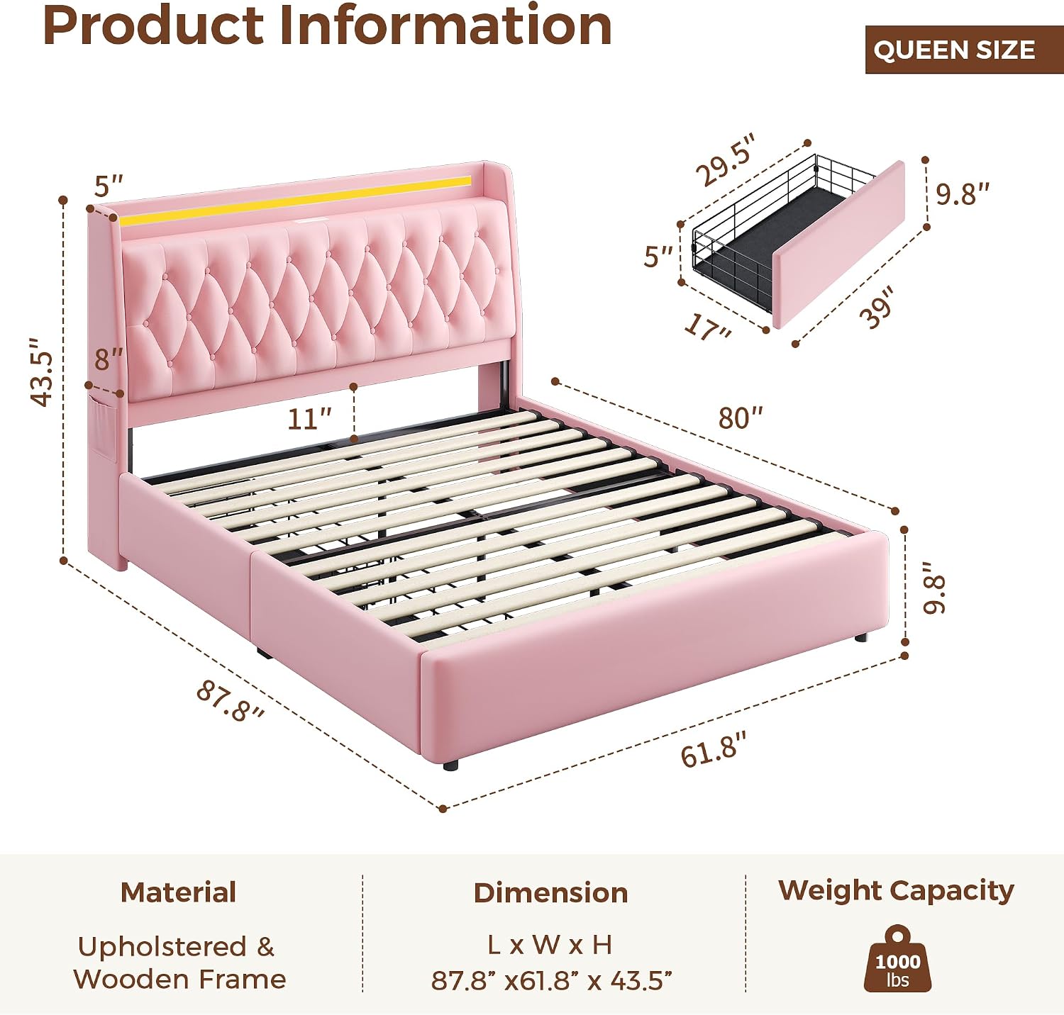 Queen LED Velvet Bed Frame with 2 Storage Drawers&Hidden Headboard, Upholstered Platform Bed with Charging Station&Button Tufted Design, Wooden Slats Support, Box Spring Optional, Easy Assembly, Pink