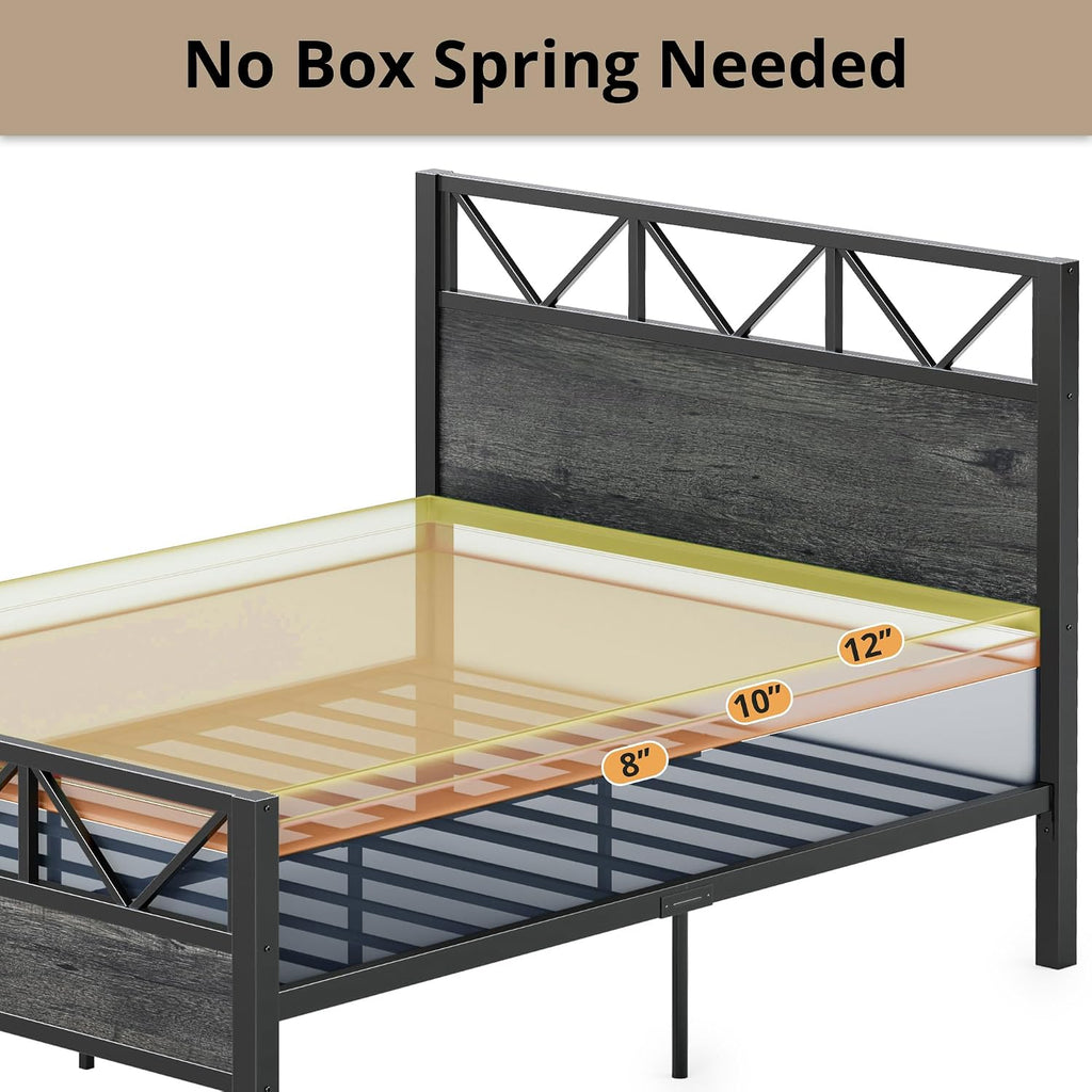 LIKIMIO Queen Bed Frame, Tall Industrial Headboard 51.2 ', Platform Bed Frame with Strong Metal Support, Solid and Stable, Noise Free, No Box Spring Needed, Easy Assembly, Charcoal Grey