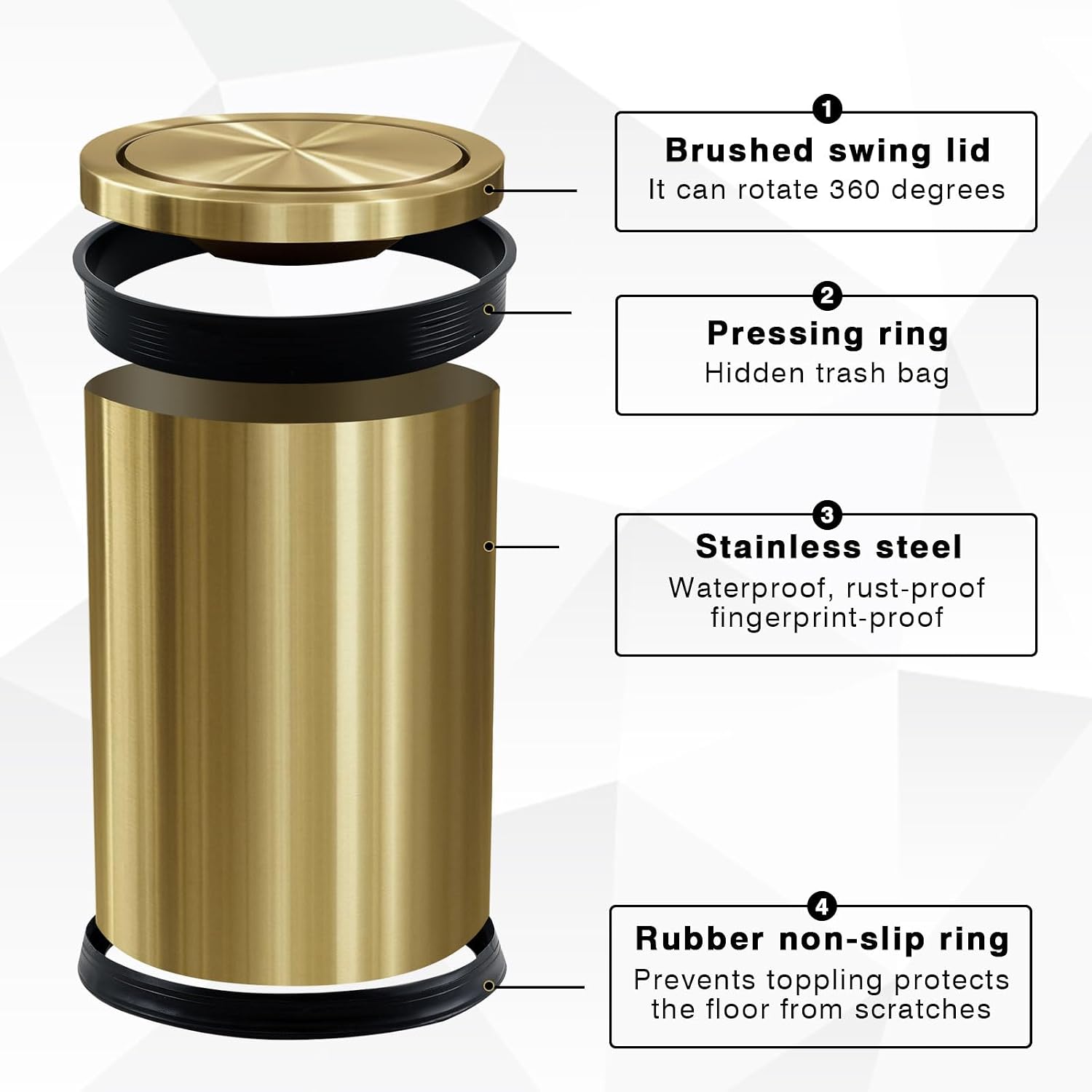 Maxdot 4 Pcs 2.4 Gallon/9 L Gold Bathroom Trash Can with Flip Lid and Toilet Brush Set, Hotel Small Stainless Steel Luxury Garbage Trash Can Wastebasket Bin for Home Bathroom Bedroom Kitchen Office